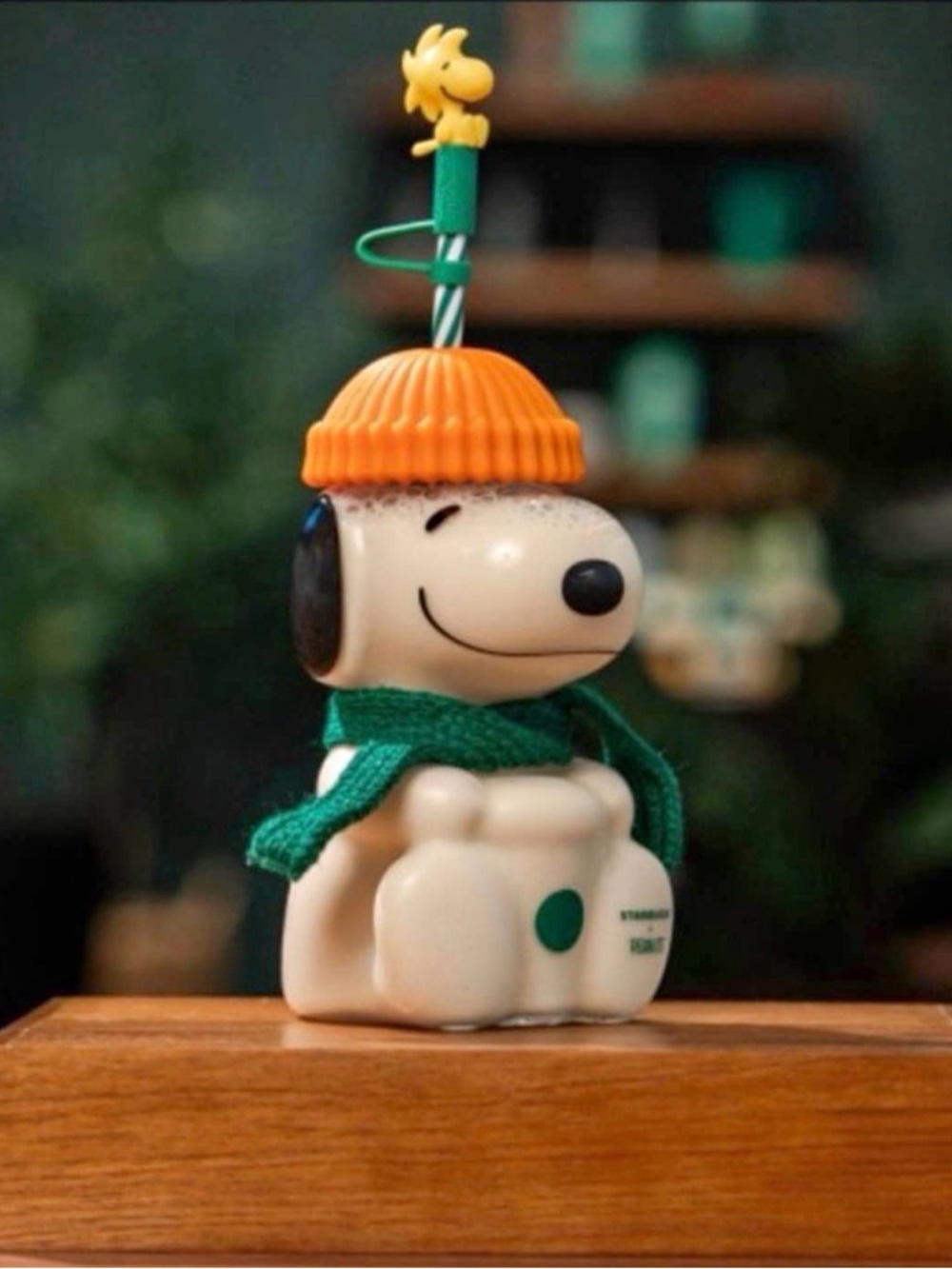 Starbucks Snoopy Cup Figurine with Orange Beanie and Green Scarf